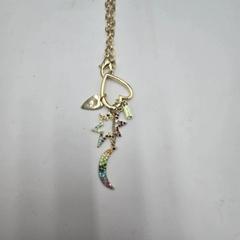 Gold Tone Charm Statement‎ Necklace Rainbow Stones Heart Star Moon Adjustable
